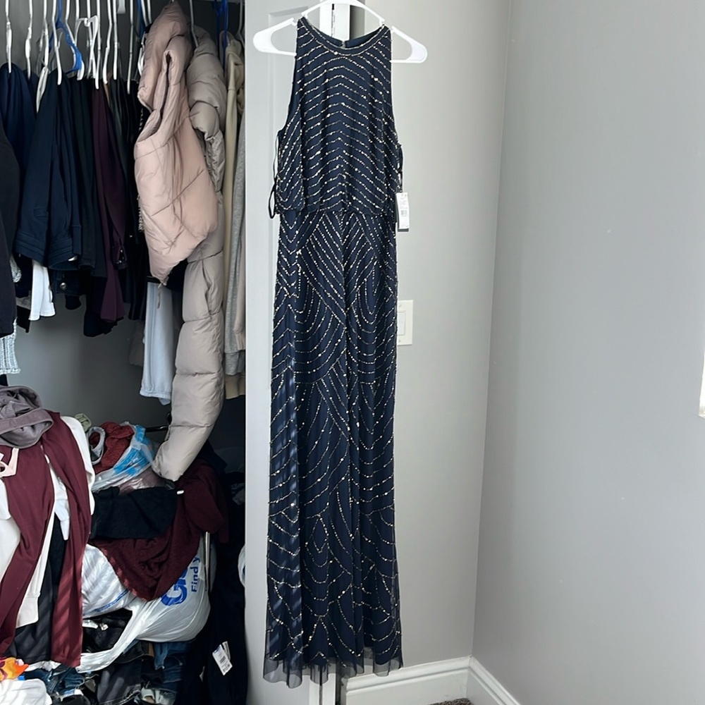 Adrianna Papell Navy Beaded Halter Gown, NWT